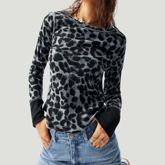 Naileski Women’s Long Sleeve Crew Neck Leopard Print Waffle Knit Top, Sz Large - Picture 5 of 10